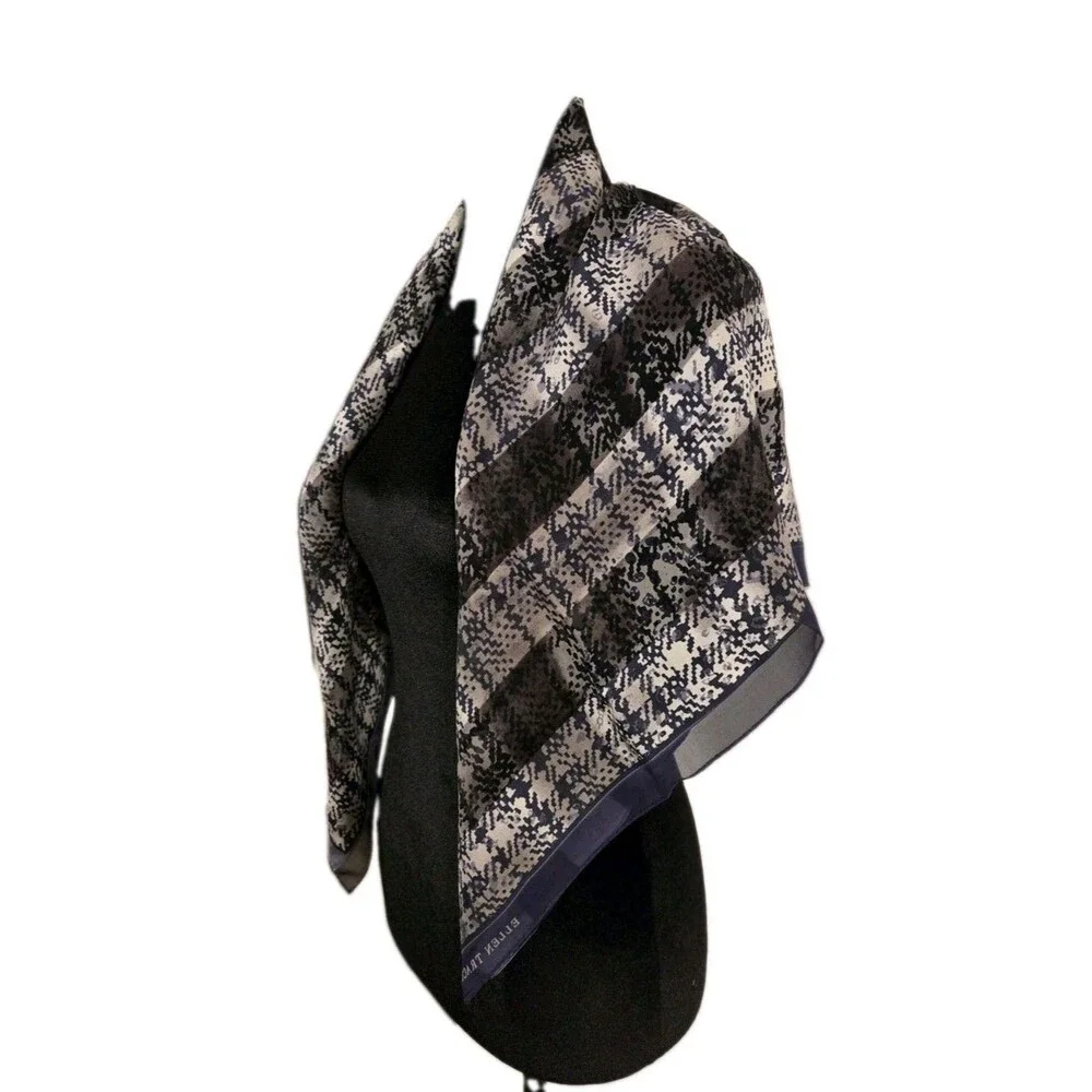 Ellen Tracy Unisex Silk Satin Plaid Square Scarf in Blue Gray Black